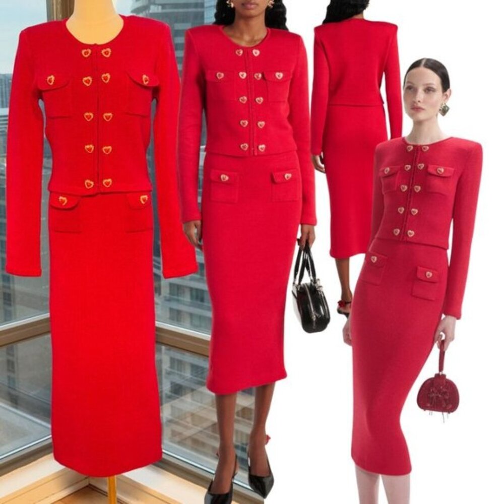 🆕 SELF-PORTRAIT 🧿 NWOT Red Knit Heart Buttoned Cardigan + Midi Skirt Set Sz M